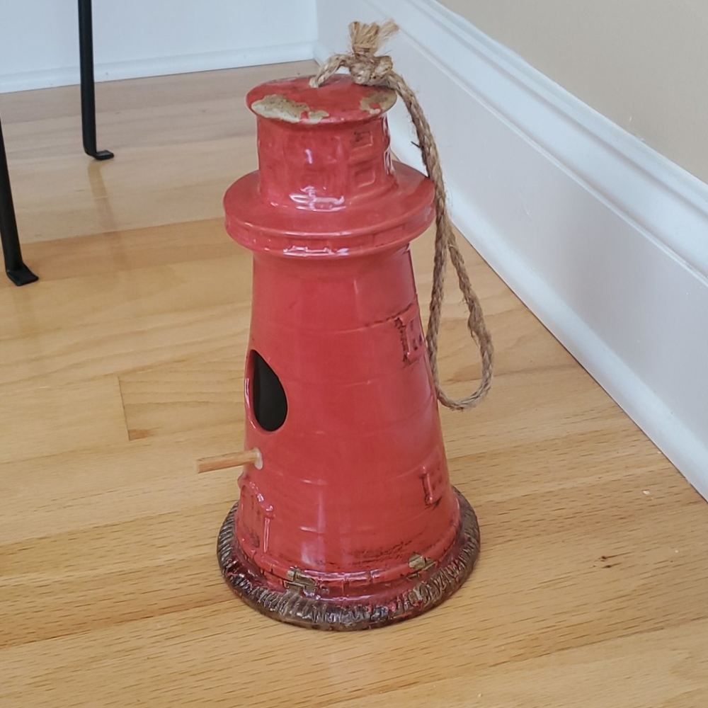 Red Lighthouse Glass Birdhouse Decor Beach Coast